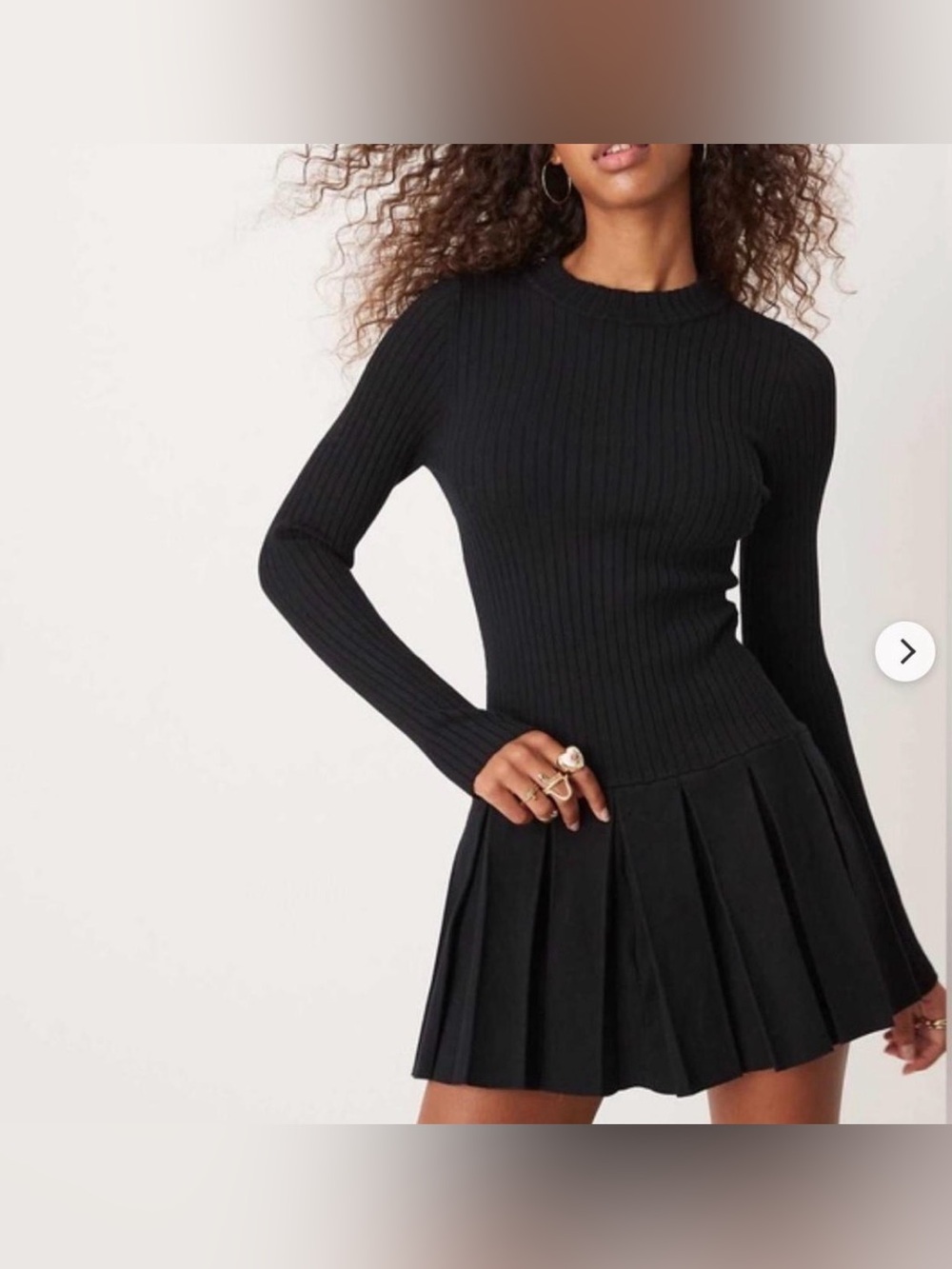 Free People Emmy Mini Dress XL Black Knit Drop-Waist Pleated Ribbed Long Sleeve